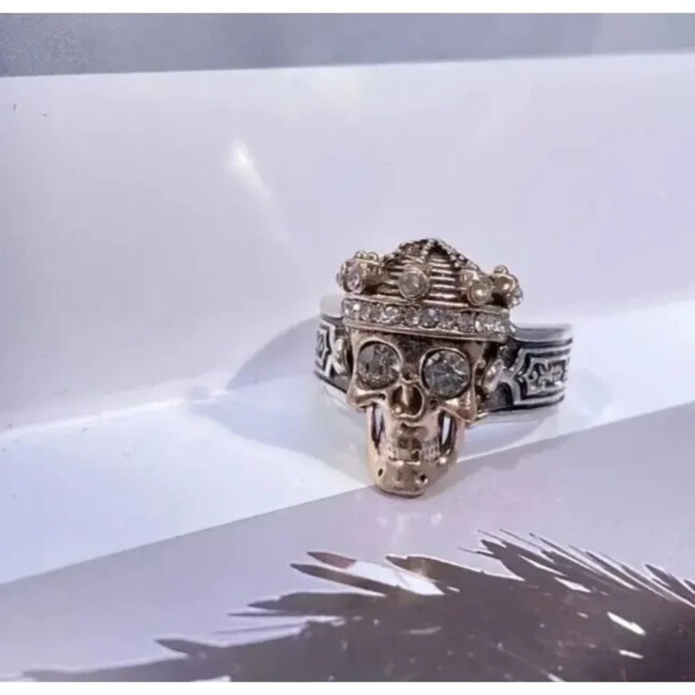 Men's Steel & Gold King SKULL Crystal Eye Ring Size 10 Halloween Biker